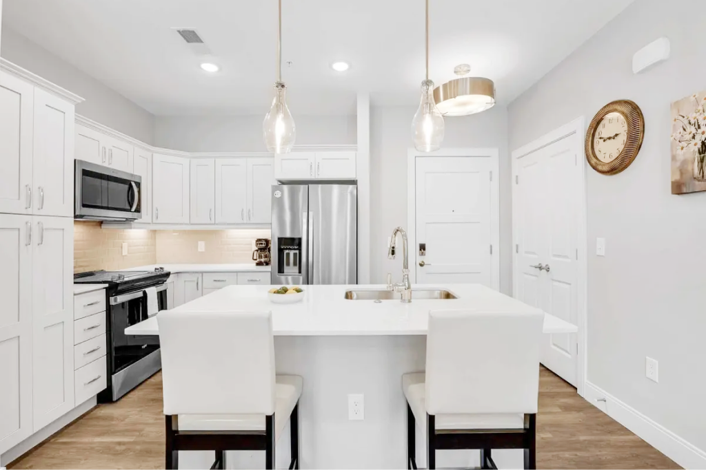White kitchen with a central island