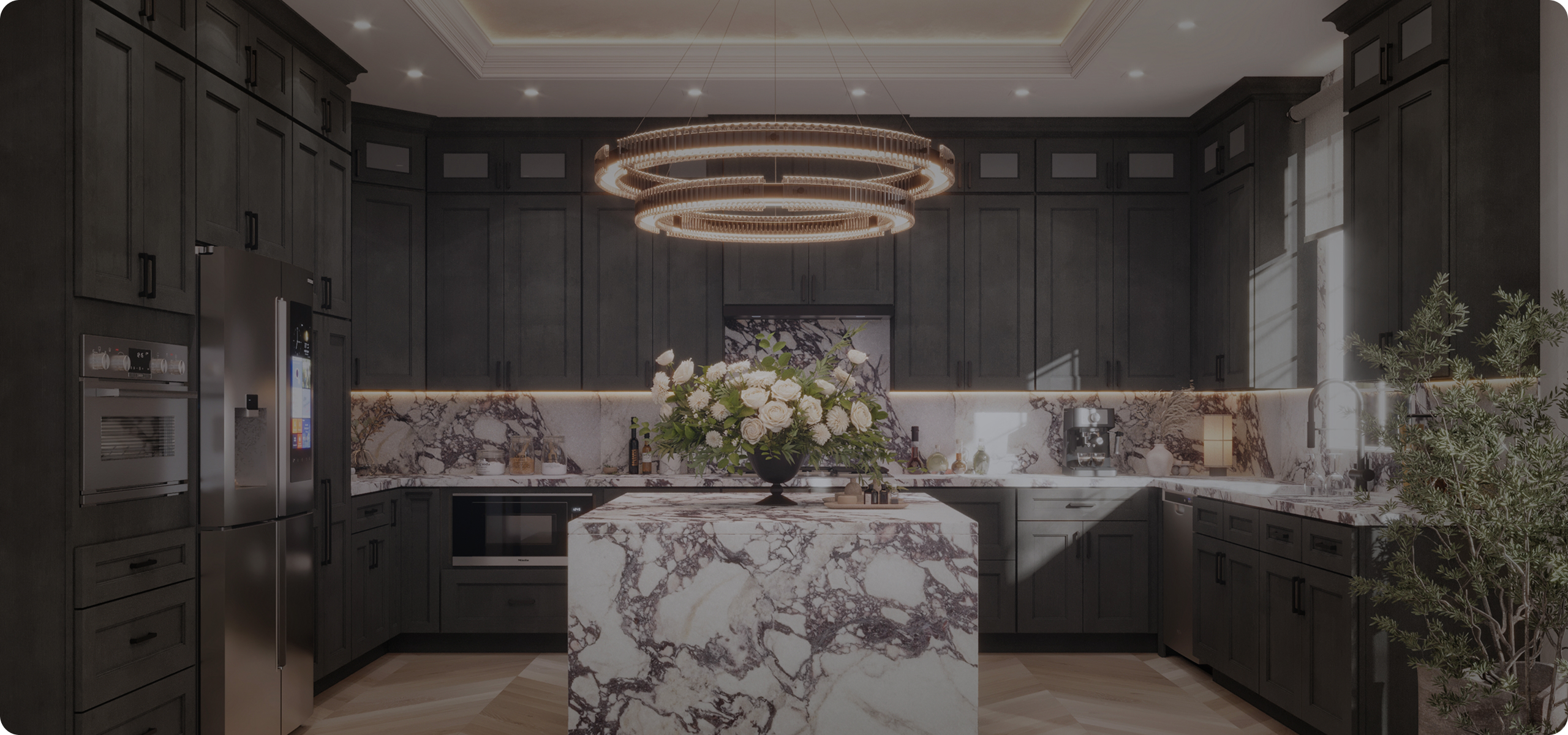 Dark wood kitchen cabinets with a marble island